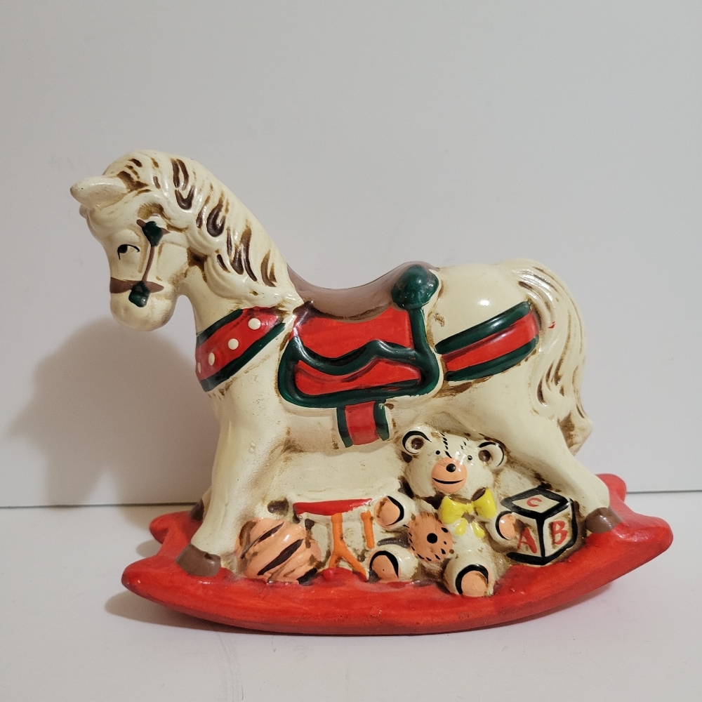 Vintage Ceramic Christmas Rocking Horse Bank, Holiday Bank
